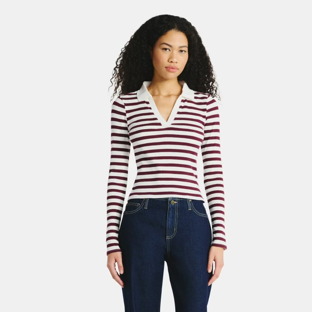 Johnny Collar Tee with Long Sleeves, Dark Cherry
